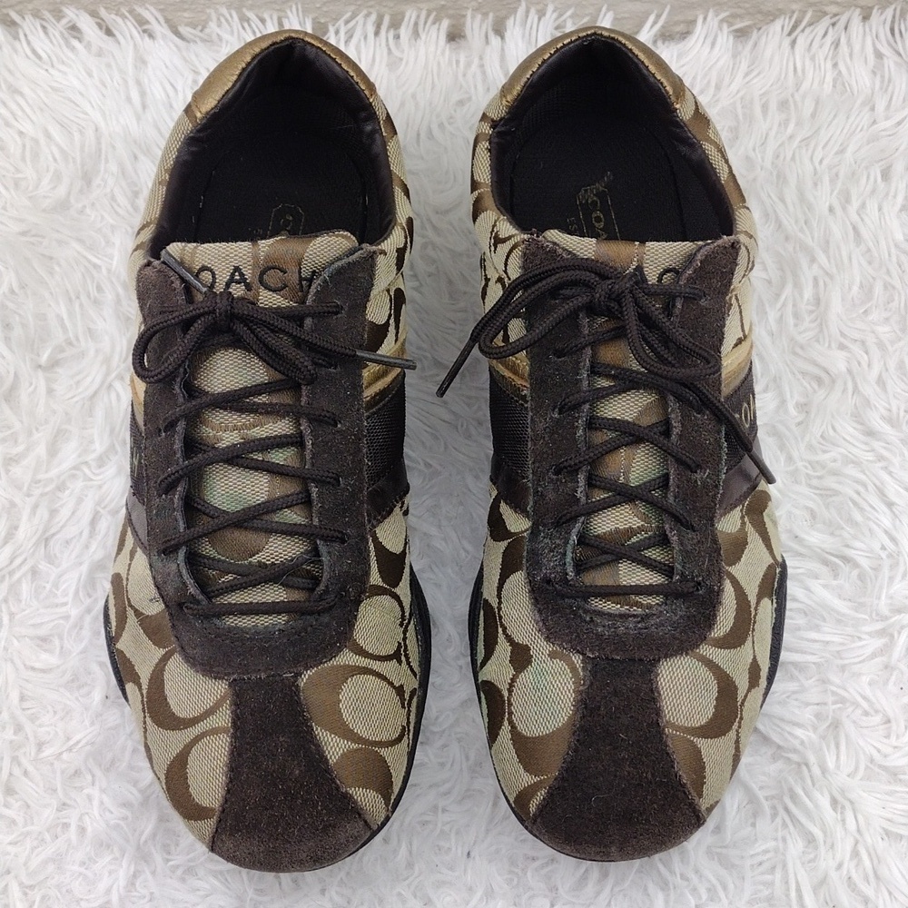 Coach Jayme Brown Suede Signature Canvas Metallic Detail Lace Up Sneaker - Picture 3 of 16